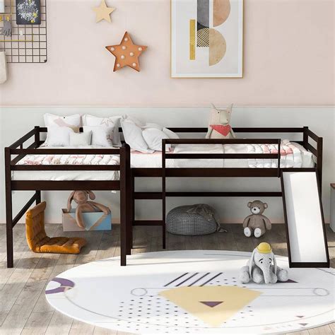 Buy Espresso L-Shaped Twin Size Wooden Loft Bed with Built-in Ladders ...