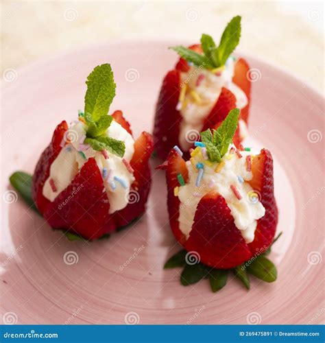 Spanish Strawberries Stuffed with Cream and Caramel Shavings. Stock ...
