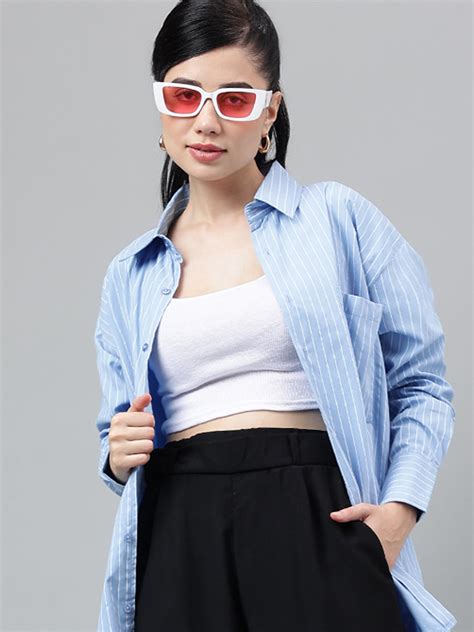 Hancock Women Blue & White Vertical Striped Pure Cotton Relaxed Fit ...