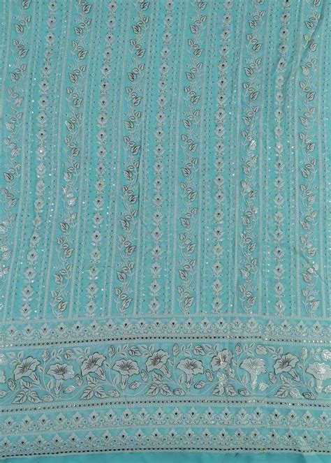 Firozi Colour Georgette Thread Embroidered Fabric - Premium Georgette ...