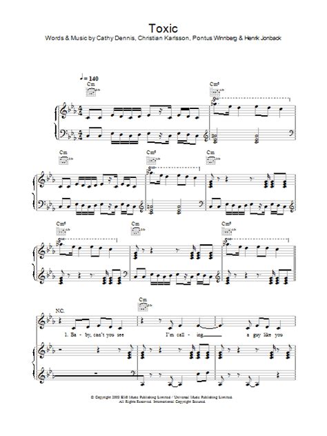 Toxic sheet music for voice, piano or guitar by Britney Spears