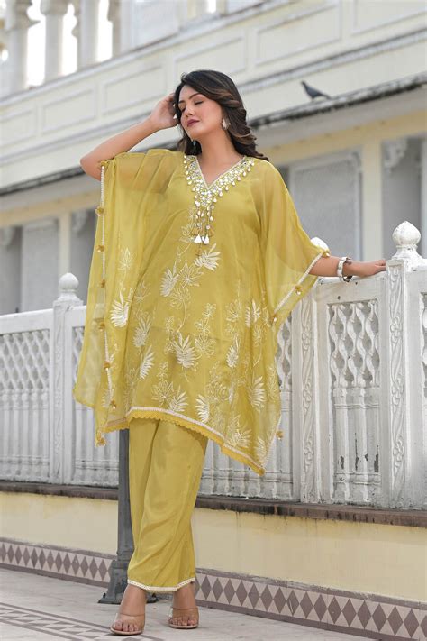 Mustard Organza Embroidered Kaftan Set with Potli Bag