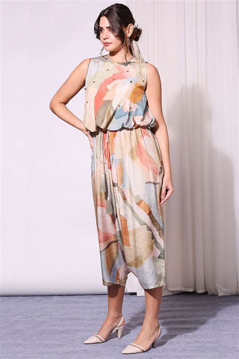 Conversational Printed Jumpsuit With Waist Tie-Up