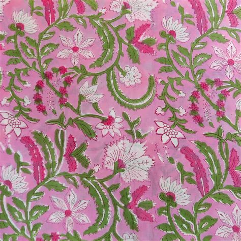Pre-Cut 2 Meters Pure Cotton Jaipuri Pink With Light Green Pink White ...