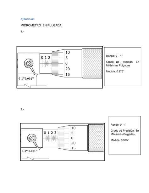 Ejercicios Micrometros - Ejercicios MICROMETRO EN PULGADA 1.- 2.- Rango ...