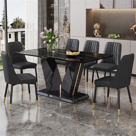 Elegant Black Kitchen Table with 6 Chairs: Modern Dining Set for ...
