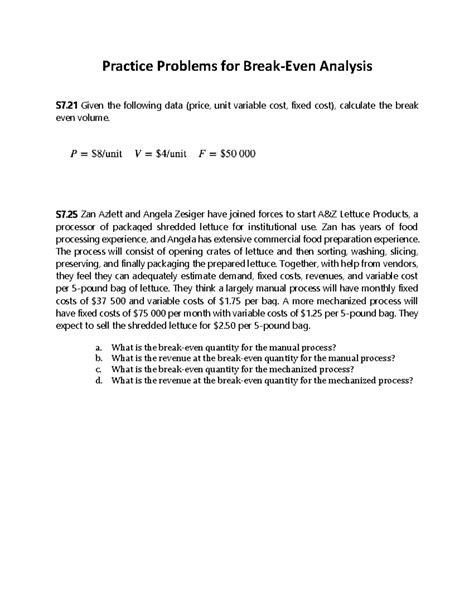 Image result for Break-Even Analysis Practice Questions