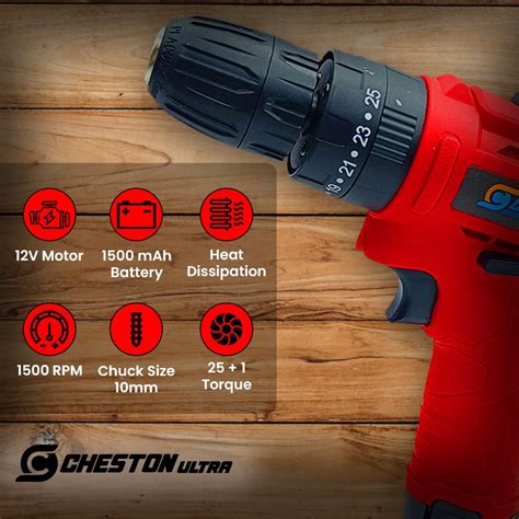 Cheston 12V Cordless Impact Drill Machine Screwdriver | 10mm Keyless ...