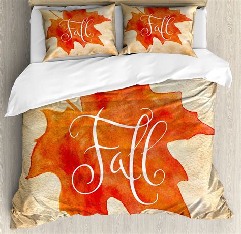Fall Duvet Cover Set, Vivid Watercolor Style Maple Leaf Fall Word on ...