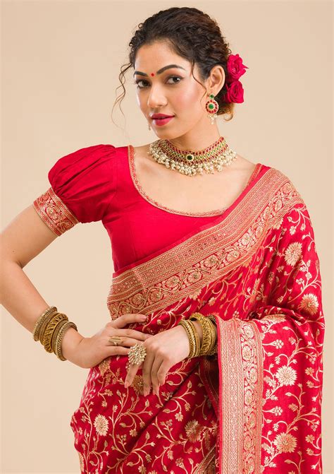 Buy Red Zariwork Banarasi Silk Saree - Koskii