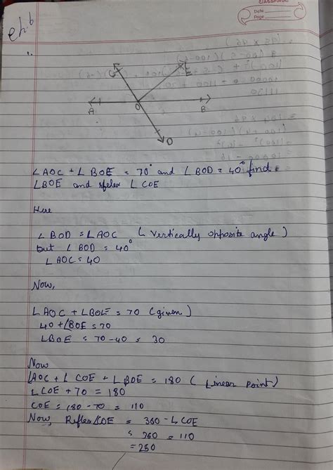 In Fig 3.13, lines AB and CD intersect at O. If ∠AOC + ∠BOE = 70° and ∠ ...