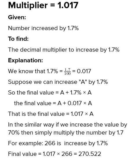 What is the decimal multiplier to increase by 1.7%? - Brainly.in