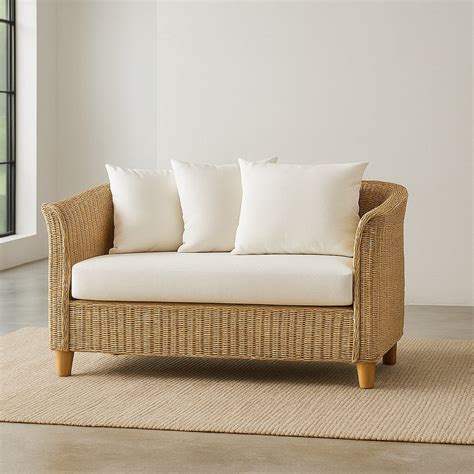 Rattan Wicker 2 Seater Sofa | Natural Wood Frame with Cushion | IRA ...