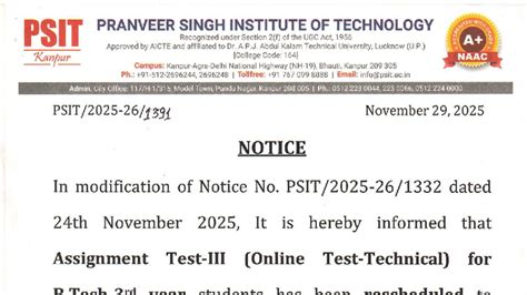 Revised Notice for Online Test - B.Tech 3rd Year Students - Studocu