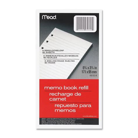 Mead 6-Ring Memo Book Refill, College Rule, 6HP, 6-3/4" x 3-3/4", 80 ...