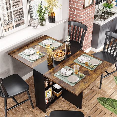 Folding Dining Table with 6 Wheels, Kitchen Table with 2-Layer Storage ...