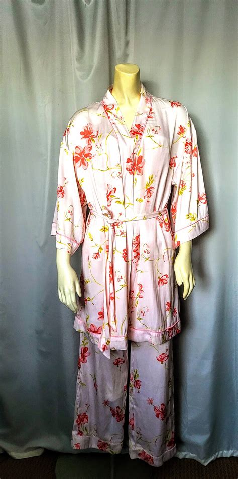 Pajama and Robe Set/coral Pink Floral Print Silky Blush Pink Satin Long ...