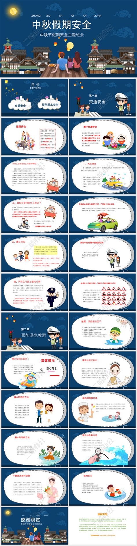 蓝色儿童卡通中秋节假期安全教育PPT模板-二哈办公