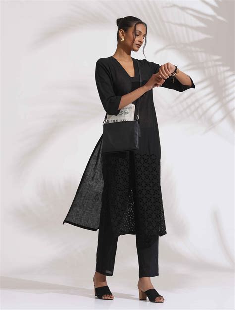 Shop Black Cotton Schiffli Kurta Set for Women | trueBrowns