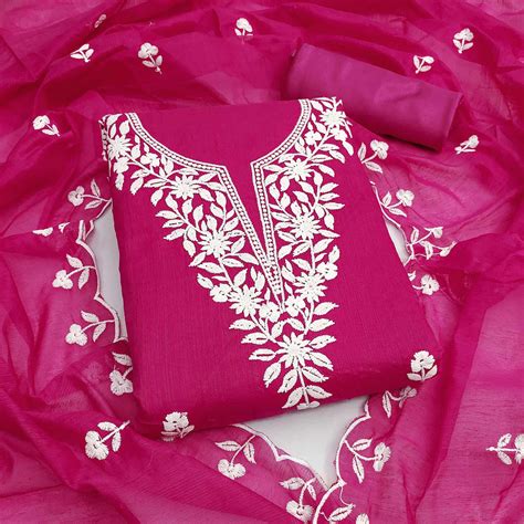 Rani Pink Chanderi Cotton Dress Material With Delicate Floral Thread E