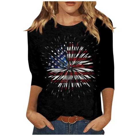 4th of July 3/4 Sleeve American Flag Shirts for Women Stars Stripes USA ...