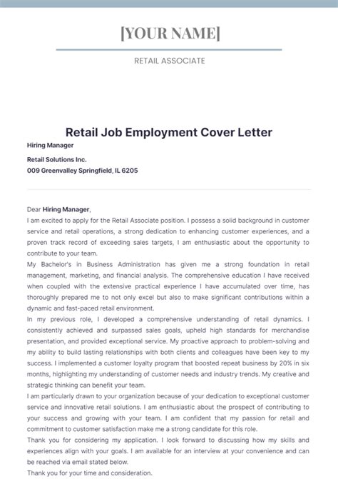 Free Retail Job Employment Cover Letter Template to Edit Online