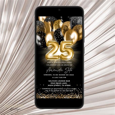 Spanish 25th Birthday Party Invitation, Chic Black and Gold Balloon ...