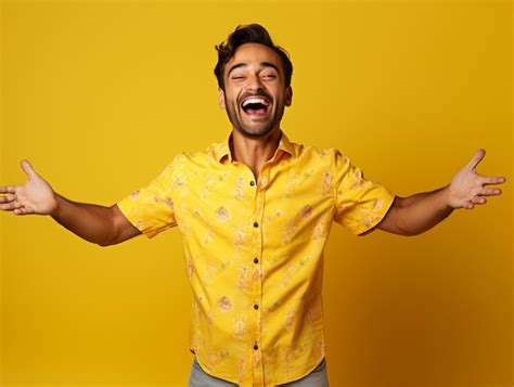 A hyper realistic happiest indian handsome man in chex shirt hands up ...