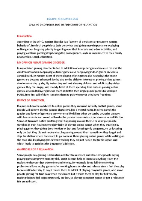 Gaming disorder english essay - ENGLISH ACADAMIC ESSAY GAMING DISORDER ...