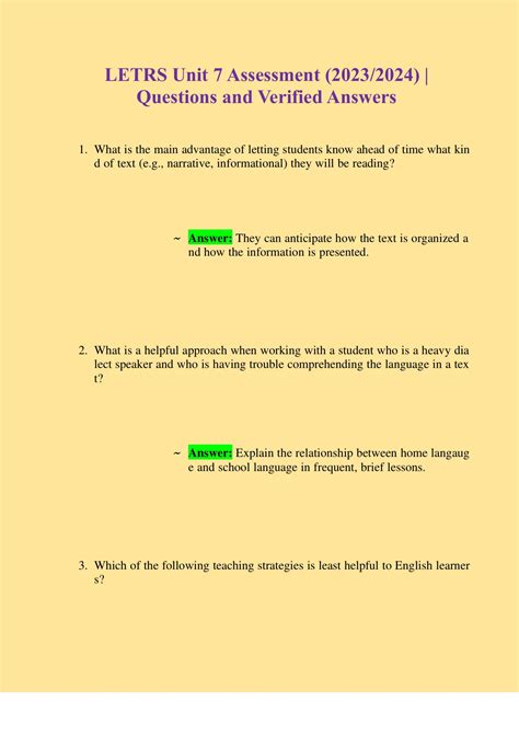 LETRS Unit 7 Assessment (2023/2024) | Questions and Verified Answers ...