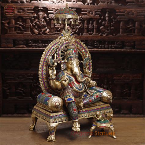 Brass Ganesh on Throne, Stonework & Golden Finish, 46" – Dharma Statues