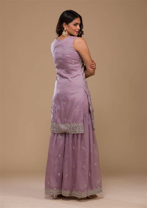 Buy Lavender Stonework Tissue Readymade Sharara Suit - Koskii