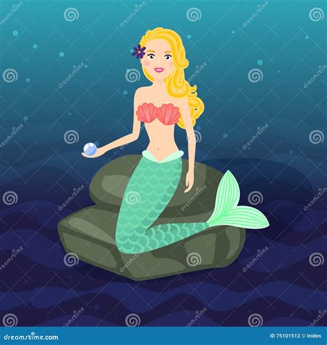 Mermaid Sitting on Rocks. Cartoon Style Princess of Underwater World ...