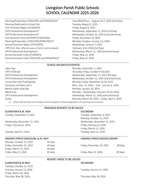 Livingston Parish Schools Calendar 2026-2027 [Public School]