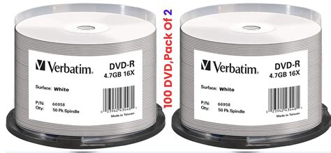 MRE Verbaatim 66958 Premium Brand Printable DVD-R 16X 4.7GB Disk with ...
