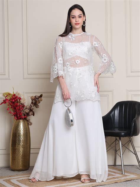 Inara, Relaxed Fit embroided net Kurta set (White) – Kelin