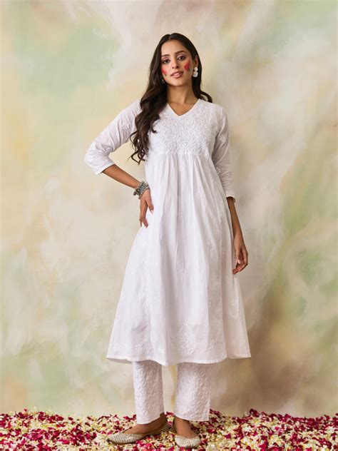 Hand embroidery Chikankari Long Kurta-White - House Of Kari (Chikankari ...