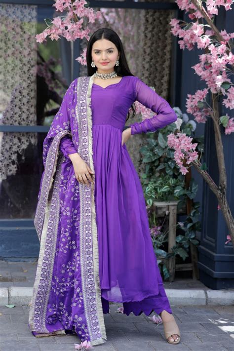 Lovely Purple Color Gown With Embroidered Work Dupatta - Clo