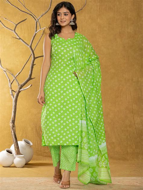 Green Bandhani Cotton Straight Kurta Trouser & Dupatta Set – Yufta Store
