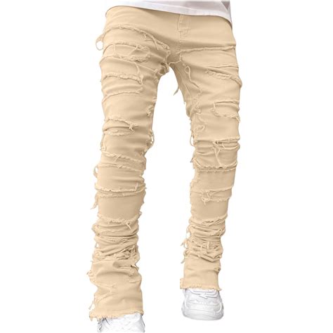 YLSDY Men's Stacked Destroyed Jeans Straight Fit Biker Stretch Denim ...