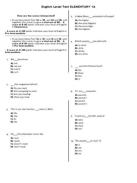 Image result for English Test Level Free Printable