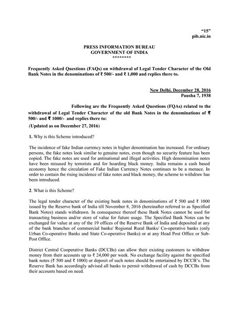 FAQs on withdrawal of Legal Tender Character of the Old Bank Notes in ...