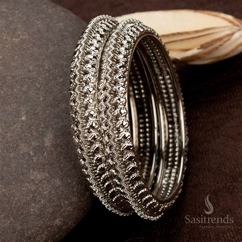 Intricate Oxidised Bangles Set – Textured Beaded Design - Sasitrends