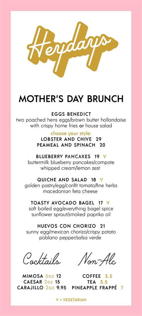 Mother's Day brunch Menu at Heydays Restaurant