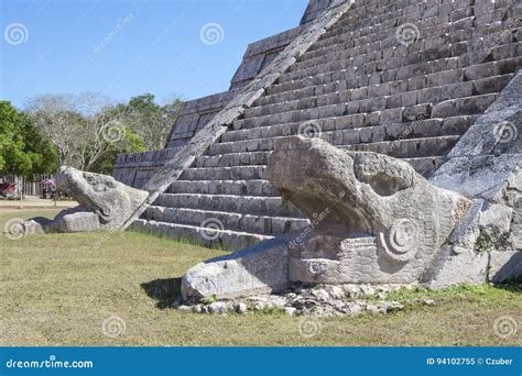 Serpent Heads Of El Castillo Pyramid At Chichen Itza Royalty-Free Stock ...