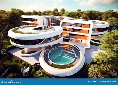 Bright Futuristic House with Apartments with Pools, Concept of ...
