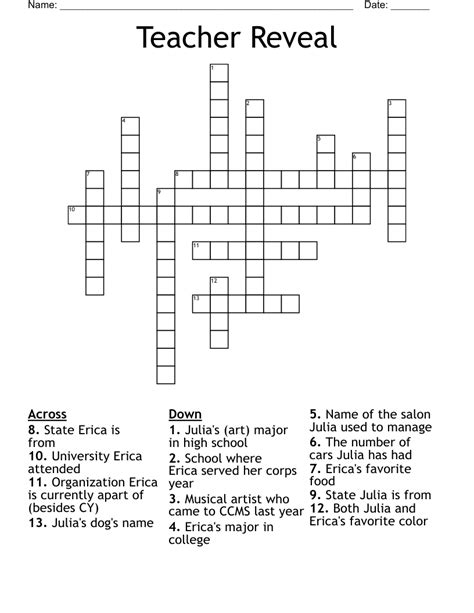 Teacher Reveal Crossword - WordMint