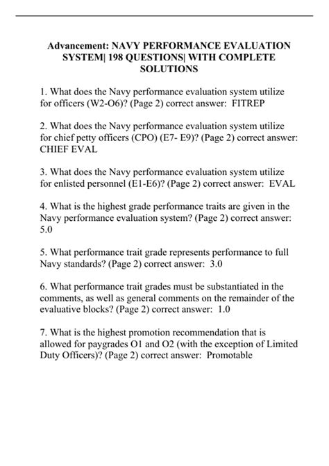 Advancement: NAVY PERFORMANCE EVALUATION SYSTEM| 198 QUESTIONS| WITH ...