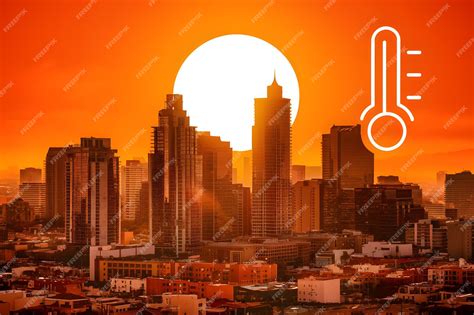 Colorful city skyline with sunsets tall buildings and warm weather indicated by thermometer ...