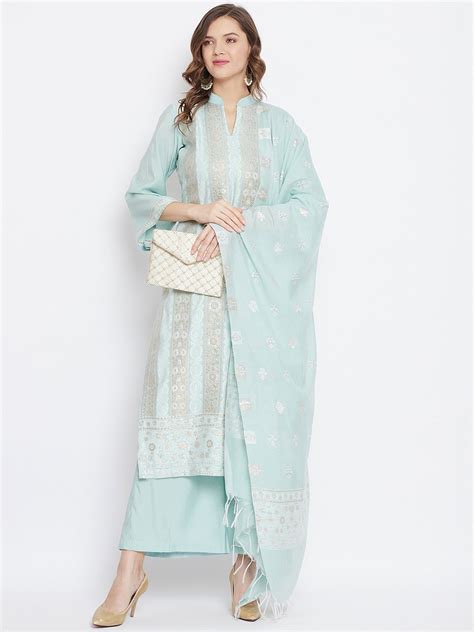 ORGANIC COTTON WOVEN SEA GREEN DRESS MATERIAL WITH DUPATTA – Safaa World
